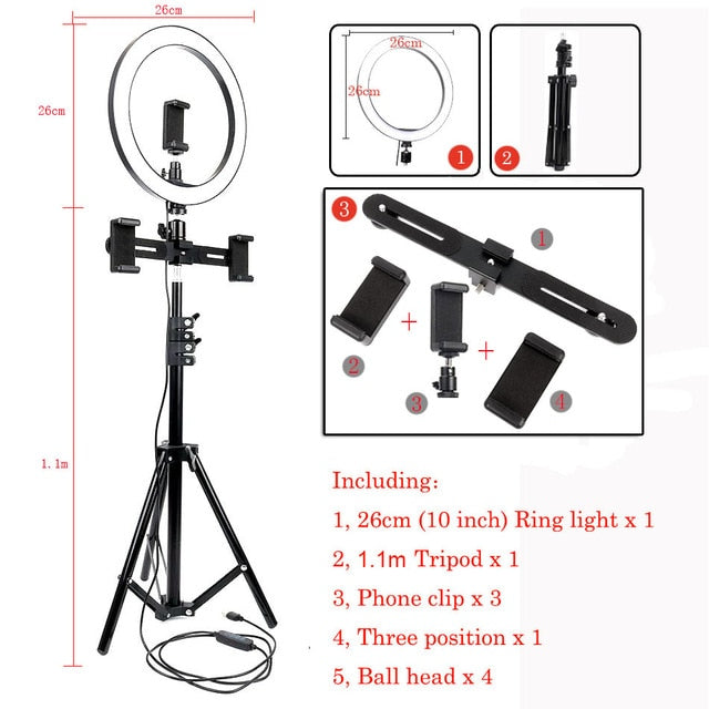Selfie Ring Light With Tripod Phone Holder Clips - Kiwibay